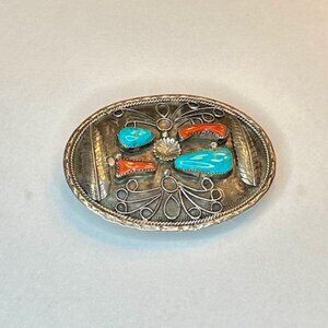 Tom Bahe Sterling Silver Turquoise & Red Coral Navajo Belt Buckle Signed
